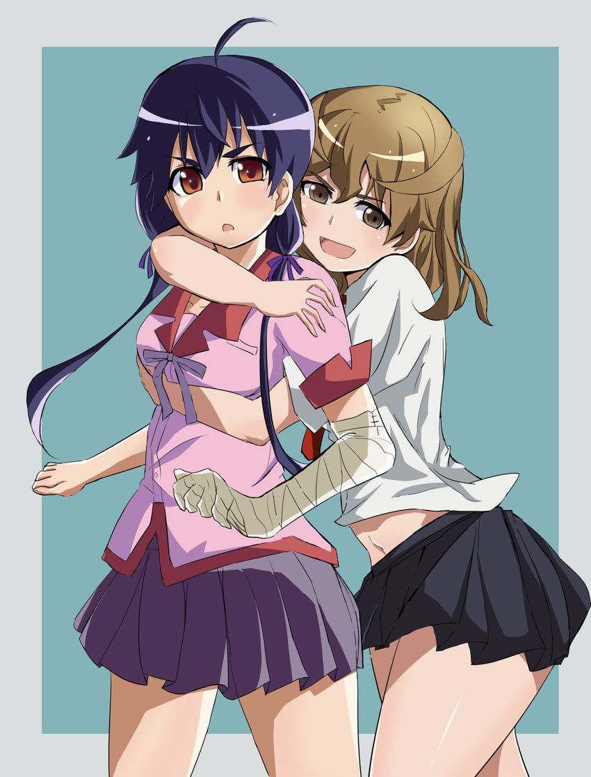 bandages black_hair brown_eyes brown_hair hanamonogatari highres hug hug_from_behind kanbaru_suruga monogatari_(series) multiple_girls numachi_rouka red_eyes school_uniform short_hair tarokichi twintails