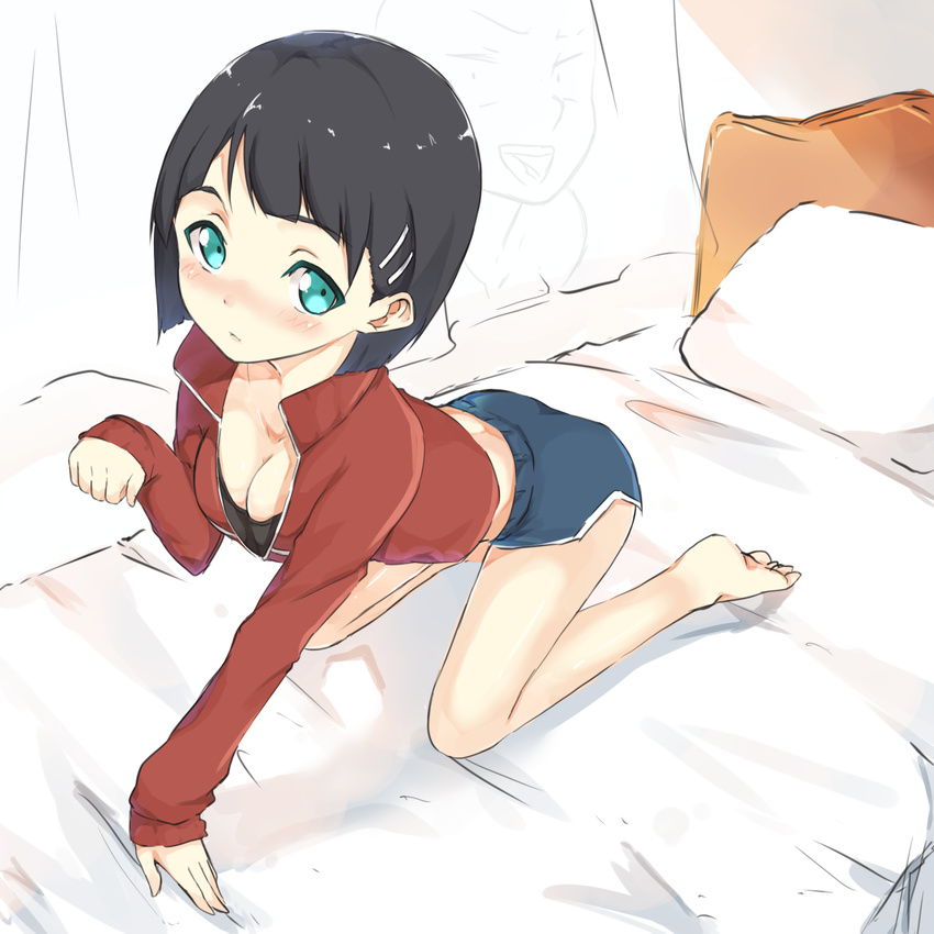 all_fours aqua_eyes bad_id bad_pixiv_id barefoot bed black_hair casual highres jacket kirigaya_suguha looking_at_viewer on_bed paw_pose short_hair sword_art_online track_jacket yuki_arare