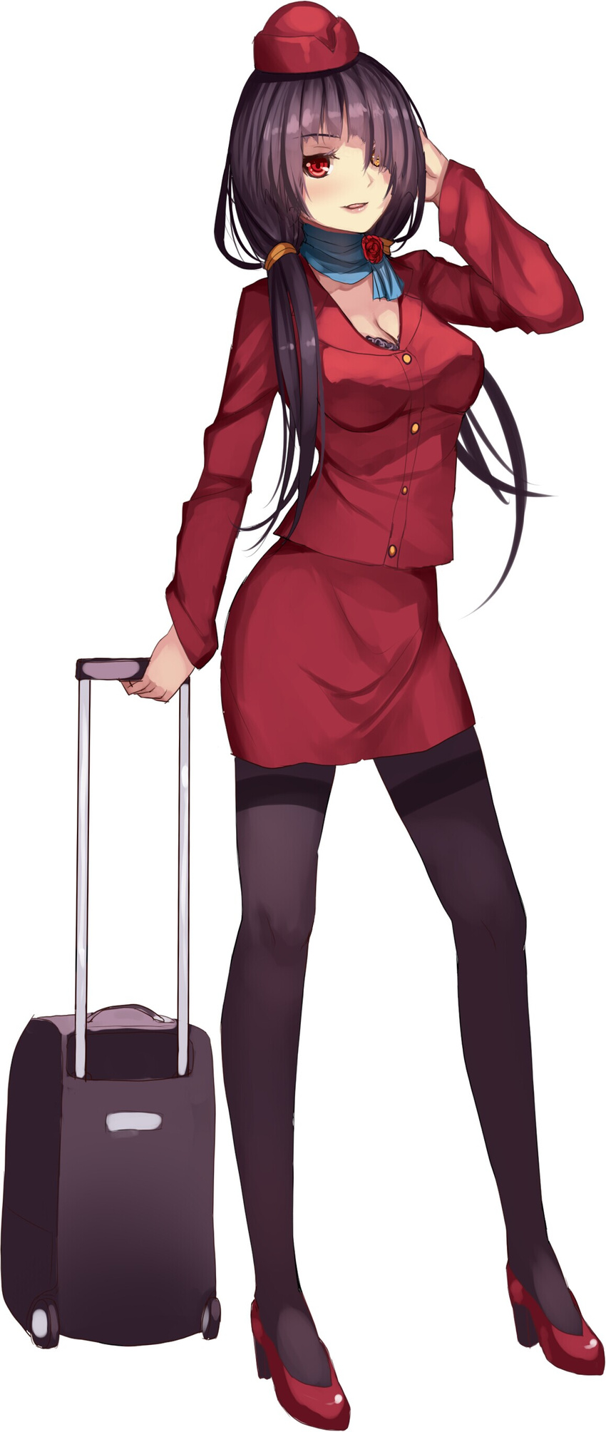 absurdres bad_id bad_pixiv_id black_bra black_legwear blonde_hair bra clock_eyes date_a_live flight_attendant full_body garrison_cap hair_over_one_eye hand_on_own_head hat heterochromia high_heels highres long_legs long_sleeves looking_at_viewer luggage open_mouth pantyhose red_eyes red_skirt rolling_suitcase skirt solo standing stewardess symbol-shaped_pupils thighband_pantyhose tokisaki_kurumi twintails underwear uniform weiyinji_xsk white_background yellow_eyes