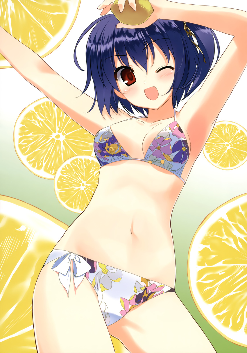 ;d absurdres armpits arms_up bikini black_lemon-chan blue_hair blush breasts brown_eyes floral_print food fruit fumio_(ura_fmo) highres lemon lemon_slice medium_breasts melonbooks navel one_eye_closed open_mouth print_bikini scan shiny shiny_hair short_hair side-tie_bikini smile swimsuit white_bikini