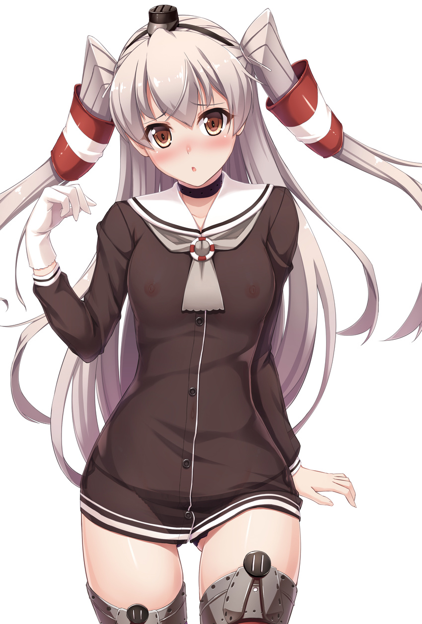 absurdres amatsukaze_(kantai_collection) blush breasts brown_eyes choker covered_nipples dress fujirin gloves hair_tubes highres kantai_collection long_hair looking_at_viewer navel nipples no_bra panties sailor_dress see-through short_dress side-tie_panties silver_hair simple_background single_glove small_breasts solo tears thighhighs two_side_up underwear white_background