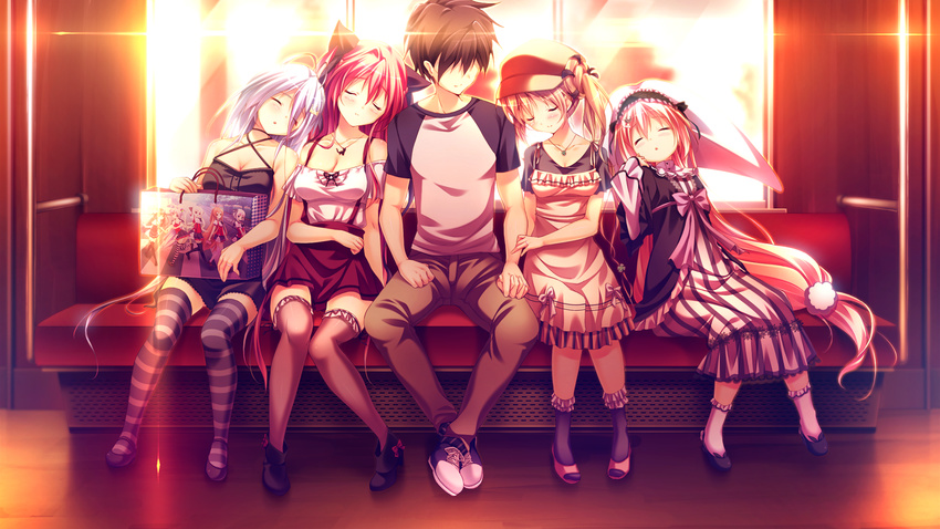 1boy 4girls blush breasts brown_hair character_request cleavage eyes_closed game_cg kanojo_ga_ore_ni_kureta_mono._ore_ga_kanojo_ni_ageru_mono. kojima_alice long_hair medium_breasts multiple_girls onomatope open_mouth raglan_sleeves red_upholstery shiratama small_breasts striped striped_legwear twintails