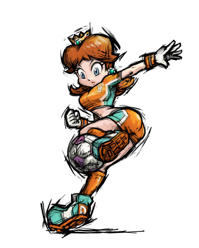 absurdres ass ball blue_eyes brown_hair cleats clenched_hand crown earrings flipped_hair flower_earrings gloves highres jewelry leg_up lips long_hair looking_down mario_(series) masanori_sato midriff official_art outstretched_arm playing_sports princess_daisy shorts sketch soccer soccer_ball soccer_uniform solo sport sportswear super_mario_bros. super_mario_strikers telstar