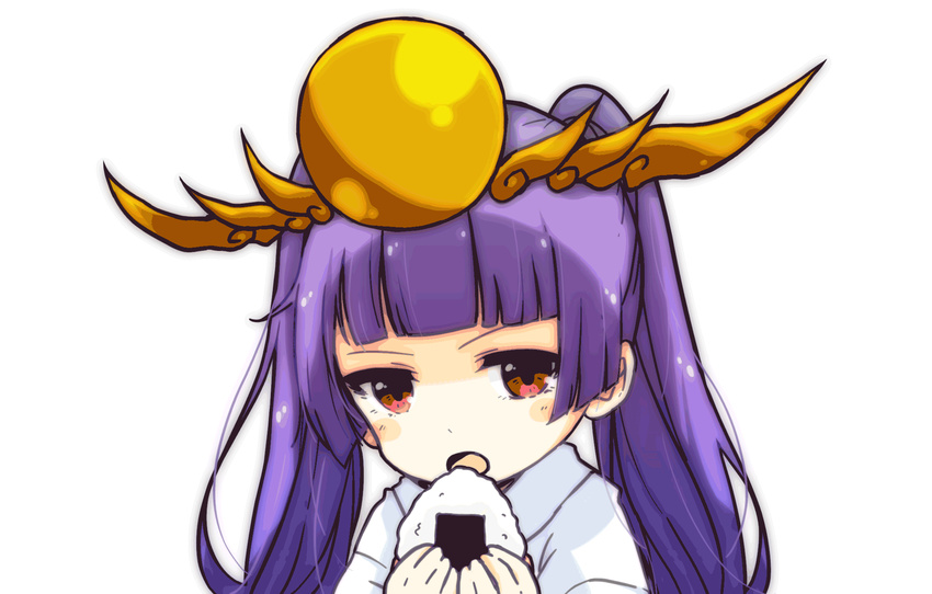 animated animated_gif bangs blunt_bangs blush eating food haori headpiece highres holding japanese_clothes long_hair open_mouth pikomarie purple_hair puzzle_&amp;_dragons red_eyes simple_background solo twintails white_background yomi_(p&amp;d)
