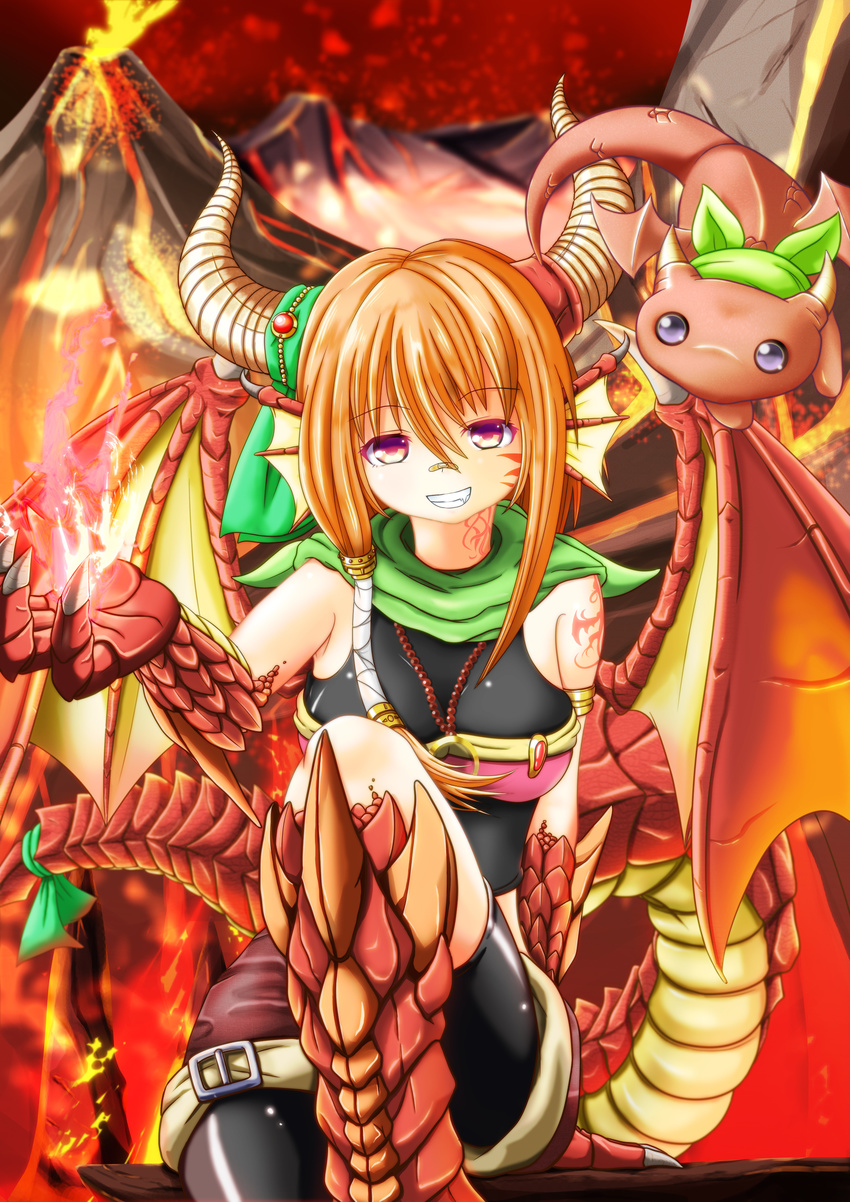 absurdres armlet asymmetrical_hair bandaid bandaid_on_nose breasts claws convenient_leg dragon dragon_girl dragon_tail dragon_wings fang fire flying grin hair_between_eyes head_fins highres horns jewelry long_hair medium_breasts molten_rock monster_girl orange_hair original pendant purple_eyes qixi_cui_xing ribbon scales scarf sitting smile solo spikes tail tail_ribbon tattoo volcano wings