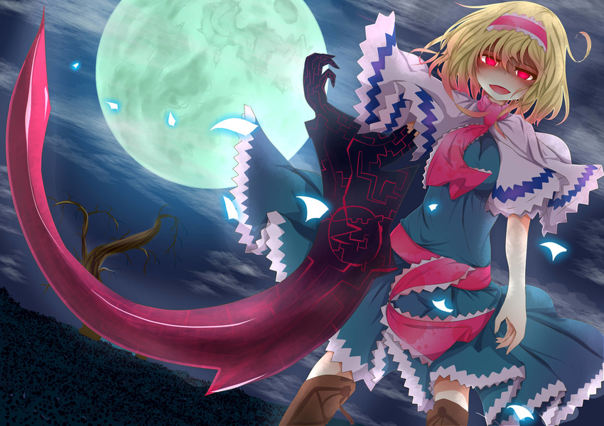 alice_margatroid blonde_hair bois_de_justice capelet dies_irae dress full_moon glowing glowing_eyes hairband highres moon nokemono red_eyes ribbon short_hair smile solo touhou