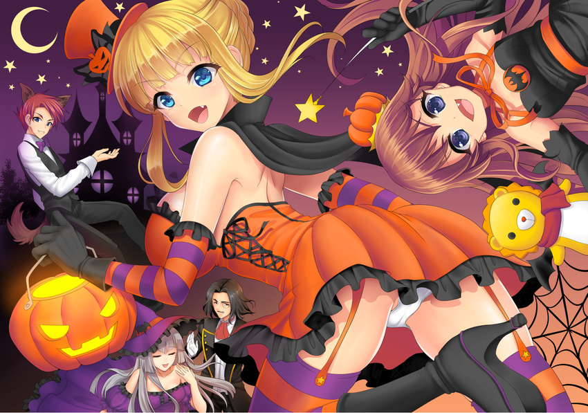 3girls :d animal_ears beatrice black_gloves black_hair blonde_hair blue_eyes breasts brown_hair cape closed_eyes crescent_moon dress facial_hair fang garter_straps gloves halloween hat jack-o'-lantern large_breasts monocle moon multiple_boys multiple_girls mustache open_mouth panties pantyshot red_hair ronove sakutarou silk silver_hair smile spider_web star striped striped_legwear stuffed_animal stuffed_lion stuffed_toy tail thighhighs top_hat umineko_no_naku_koro_ni underwear ushiromiya_battler ushiromiya_maria virgilia wand white_gloves white_panties witch_hat wolf_ears wolf_tail youshuu