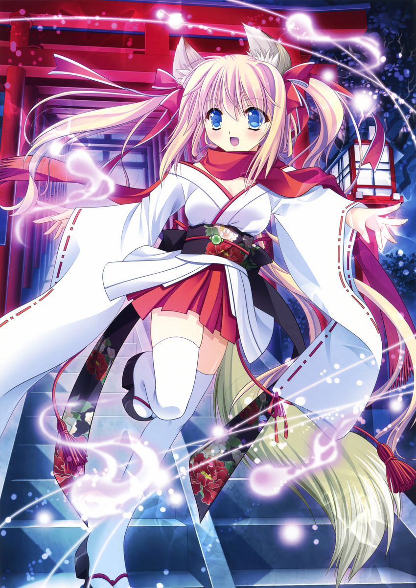:d absurdres animal_ears blonde_hair blue_eyes fox_ears fox_tail hakama_skirt highres japanese_clothes kimono nontraditional_miko open_mouth smile solo tail thighhighs torii twintails white_legwear yamamoto_kazue