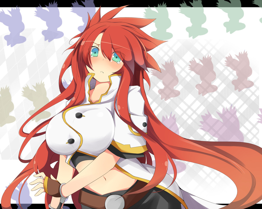 blue_eyes blush breasts fingerless_gloves genderswap genderswap_(mtf) gloves large_breasts letterboxed long_hair looking_at_viewer luke_fon_fabre mieu navel red_hair solo spiked_hair tales_of_(series) tales_of_the_abyss tears tenpesuto upper_body very_long_hair