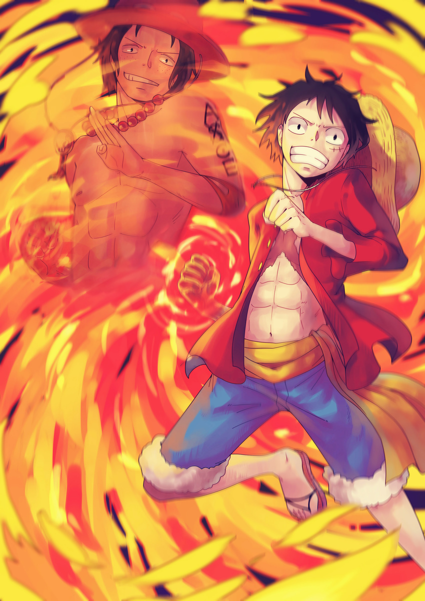 1boy 2boys brothers clenched_hand fighting_stance fire fist ghost highres long_sleeves memory mino mino_cat monkey_d_luffy multiple_boys one_piece open_clothes open_shirt portgas_d_ace red_shirt sash scar shirt siblings stampede_string