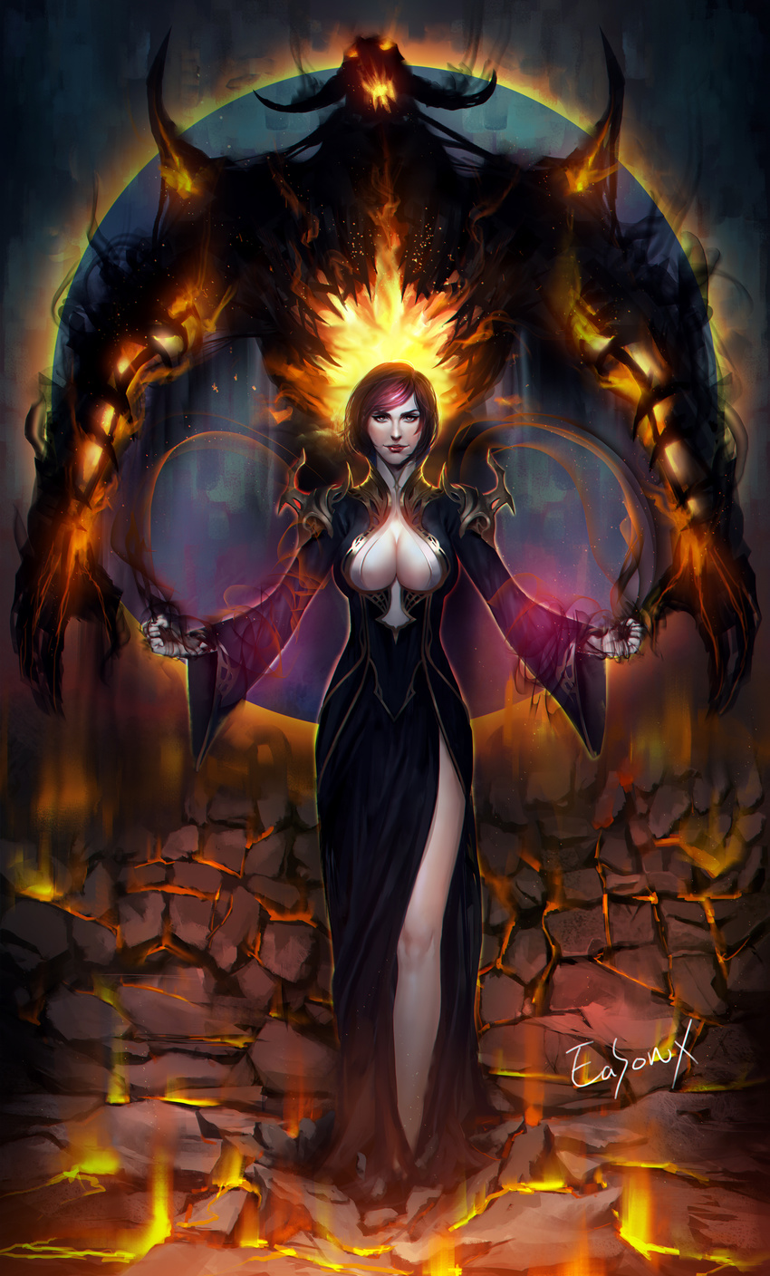 absurdres bangs black_dress breasts cleavage cleavage_cutout demon dress dungeon_and_fighter easonx fire full_body glowing glowing_eyes high_collar highres large_breasts lips lipstick long_sleeves magic makeup mole molten_rock purple_hair short_hair side_slit signature spikes standing summoner_(dungeon_and_fighter) swept_bangs wide_sleeves