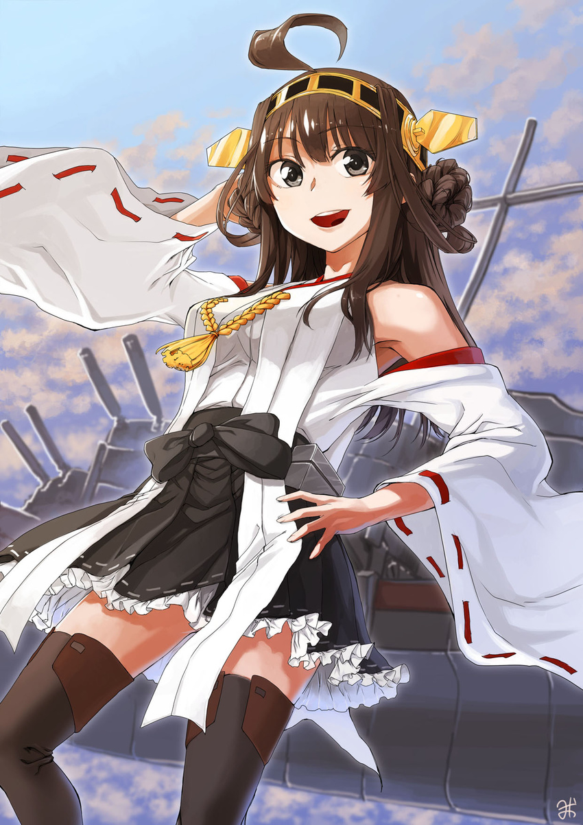 :d ahoge arm_behind_head bare_shoulders black_eyes black_legwear brown_hair detached_sleeves double_bun frilled_skirt frills hairband hand_on_hip headgear highres japanese_clothes kantai_collection kongou_(kantai_collection) lace lace-trimmed_thighhighs long_hair nontraditional_miko open_mouth pleated_skirt ribbon skirt smile solo thighhighs yomio zettai_ryouiki
