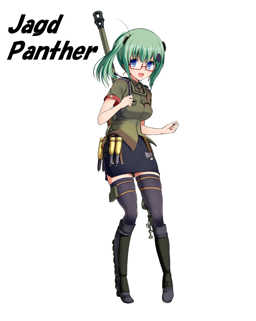 :d blue_eyes cannon full_body glasses green_hair highres jagdpanther_(personification) miki_purasu military open_mouth original personification red-framed_eyewear semi-rimless_eyewear short_hair short_sleeves side_ponytail simple_background smile solo thighhighs under-rim_eyewear white_background world_of_tanks