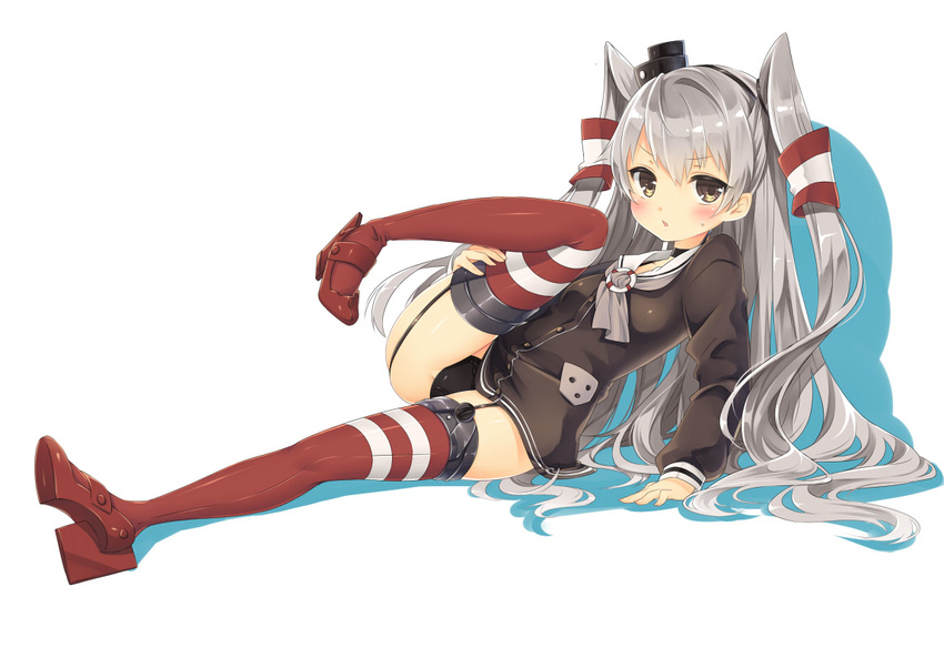 amatsukaze_(kantai_collection) arm_support awata_mokane black_panties blush brown_eyes choker dress folded_leg hair_tubes headgear kantai_collection leg_up long_hair long_sleeves looking_at_viewer panties red_legwear sailor_collar sailor_dress silver_hair sitting solo striped striped_legwear thighhighs two_side_up underwear