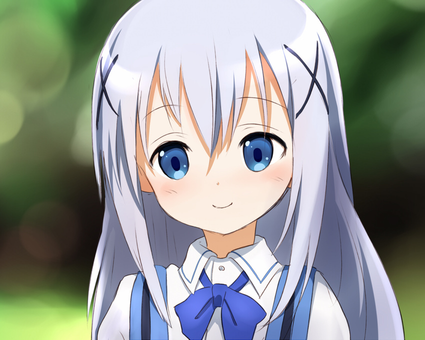 blue_eyes blue_hair blush gochuumon_wa_usagi_desu_ka? hair_ornament hairclip kafuu_chino long_hair looking_at_viewer rabbit_house_uniform smile sora_to_umi x_hair_ornament