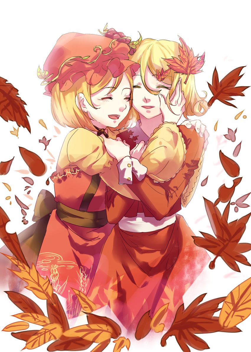 aki_minoriko aki_shizuha bad_id bad_pixiv_id blonde_hair closed_eyes dress food fruit grapes hair_ornament hat highres hug leaf leaf_hair_ornament maple_leaf multiple_girls open_mouth short_hair siblings sisters smile touhou wwwwondefulwater