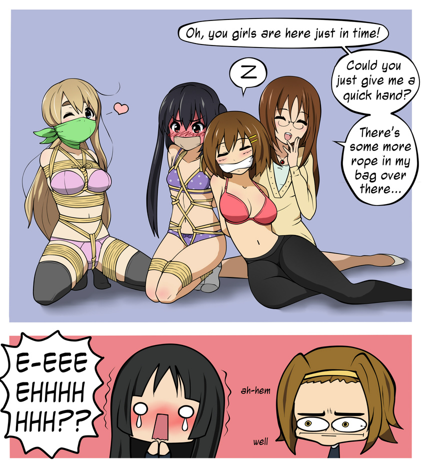 akiyama_mio bdsm black_hair black_legwear blonde_hair blush bondage bound bra brown_hair closed_eyes cloth_gag english full-face_blush gag gagged glasses hair_ornament hairband hairclip heart highres hime_cut hirasawa_yui improvised_gag jam-orbital jewelry k-on! kotobuki_tsumugi long_hair multiple_girls nakano_azusa navel necklace one_eye_closed panties panties_under_pantyhose pantyhose pink_bra polka_dot polka_dot_bra polka_dot_panties purple_bra purple_panties seiza shibari sidelocks sitting tainaka_ritsu tears thighhighs twintails underwear underwear_only wide-eyed yamanaka_sawako yuri zzz