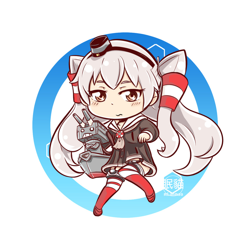 alson amatsukaze_(kantai_collection) brown_eyes chibi dress garter_straps hair_tubes hairband kantai_collection long_hair rensouhou-kun sailor_dress short_dress silver_hair striped striped_legwear thighhighs turret two_side_up