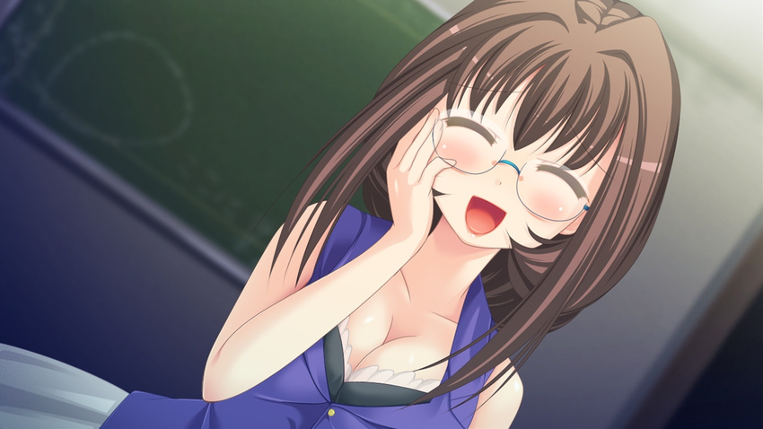 1girl artist_request blackboard blush brown_hair chalkboard classroom gakuen_houfuku_sensou game_cg glasses hand_on_cheek hand_on_own_face indoors smile solo