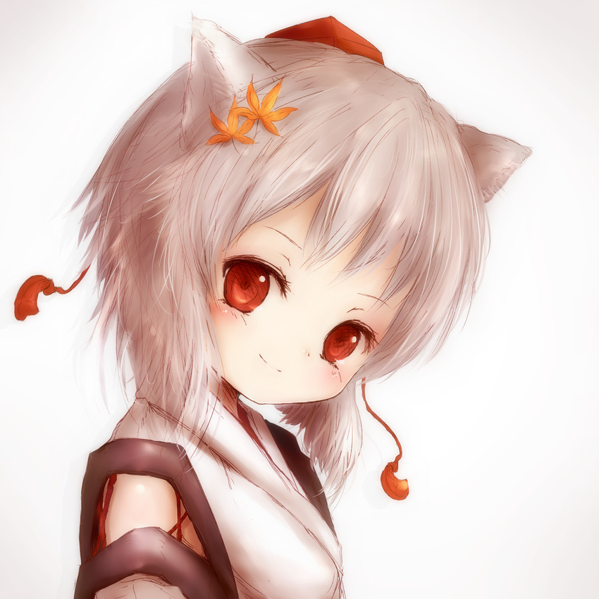 amanojaku animal_ears bad_id bad_pixiv_id closed_mouth detached_sleeves hat head_tilt highres inubashiri_momiji kourindou_tengu_costume leaf leaf_on_head looking_at_viewer looking_to_the_side portrait red_eyes short_hair silver_hair smile solo tokin_hat touhou wolf_ears