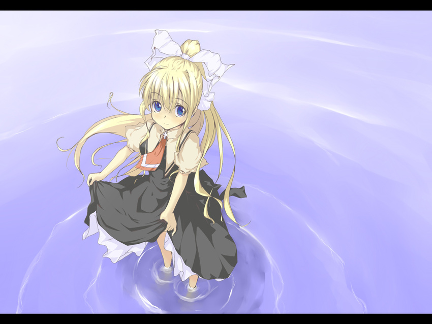 air blonde_hair dress from_above kamio_misuzu long_hair satou_takeshi skirt_hold solo wading water