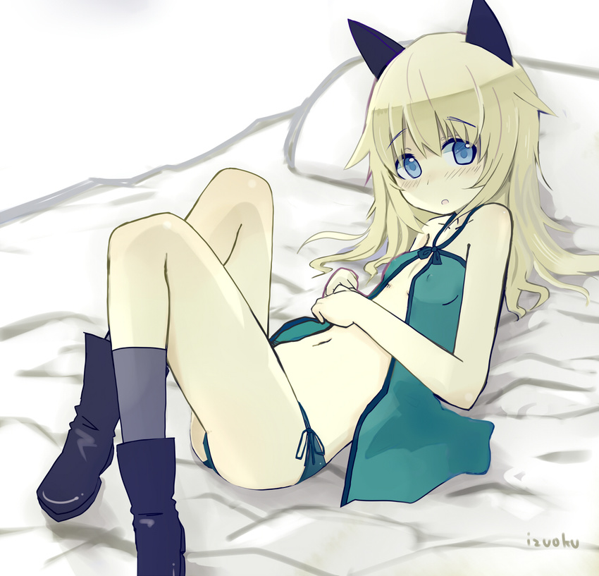 :o animal_ears aqua_babydoll aqua_panties artist_name babydoll bed black_footwear blonde_hair blue_eyes blush boots breasts cat_ears collarbone covered_nipples eyebrows hand_on_own_stomach helma_lennartz highres izuoku long_hair looking_at_viewer lying navel on_back open_mouth panties pillow side-tie_panties small_breasts solo underwear world_witches_series