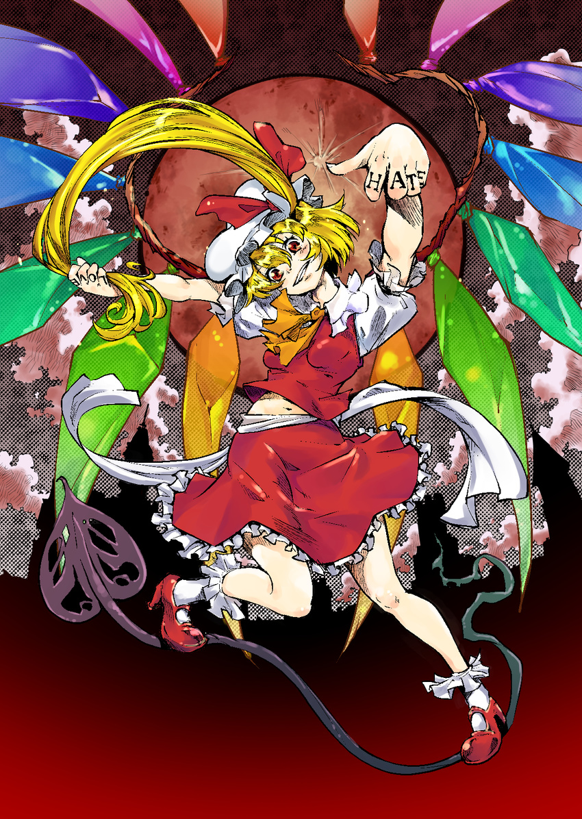 ascot blonde_hair bow flandre_scarlet hat hat_bow highres long_hair moon red_eyes red_moon sash solo touhou uirou_(uirou1) very_long_hair wings