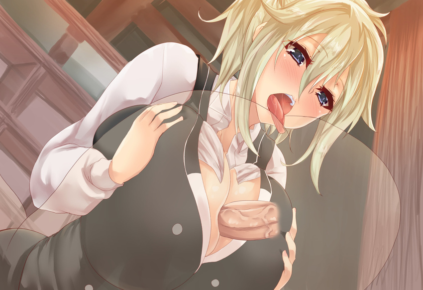 1girl anilingus aoyama_blue_mountain blonde_hair blue_eyes blush breast_squeeze breasts gochuumon_wa_usagi_desu_ka? gochuumon_wa_usagi_desuka? huge_breasts licking open_mouth paizuri paizuri_under_clothes penis poko_chin saliva tongue tongue_out veins veiny_penis