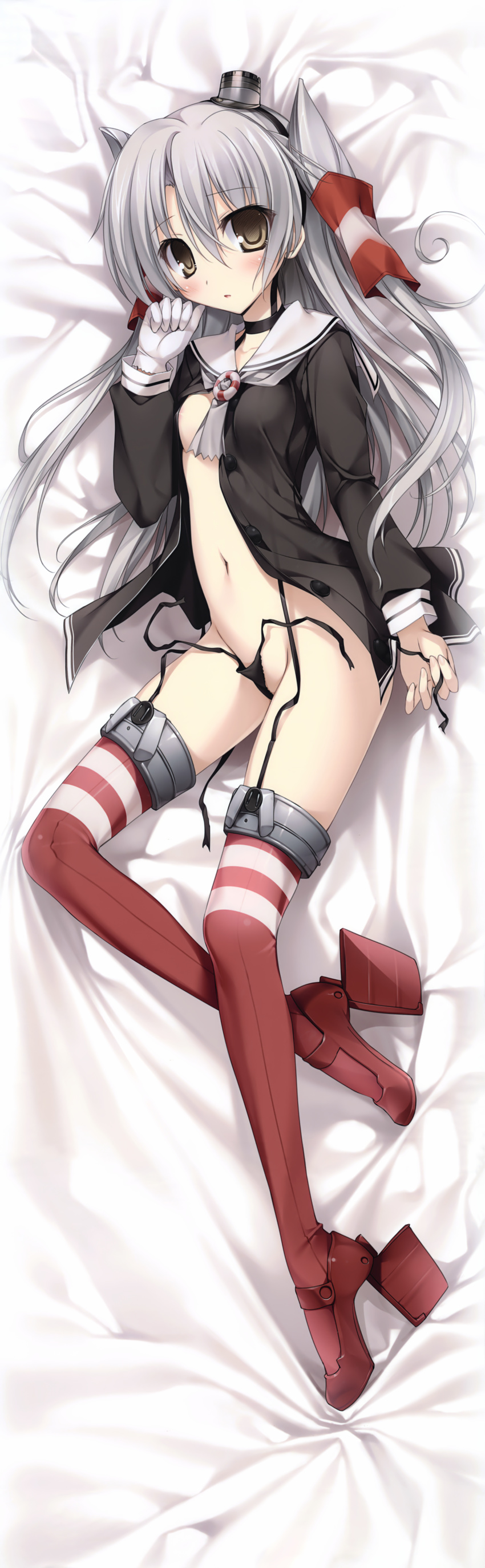 absurdres amatsukaze_(kantai_collection) black_panties breasts brown_eyes dakimakura dress garter_straps gloves grey_hair hat highres huge_filesize kantai_collection karory legs long_hair long_sleeves mini_hat no_bra open_clothes open_dress panties red_legwear sailor_dress short_dress side-tie_panties single_glove small_breasts solo string_panties striped striped_legwear thighhighs two_side_up underwear untied untied_panties white_gloves