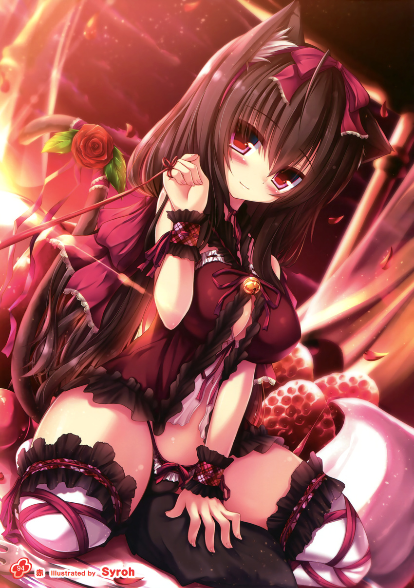 absurdres animal_ears babydoll bell black_hair black_panties blush breasts cat_ears cat_tail dutch_angle flower food frills fruit garter_straps highres jingle_bell kneeling lace lace-trimmed_ribbon large_breasts long_hair looking_at_viewer mia_flatpaddy navel original panties petals red_eyes ribbon rose solo strawberry string_on_pinky syroh tail tail_flower tail_ornament tail_ribbon thighhighs underwear wrist_cuffs