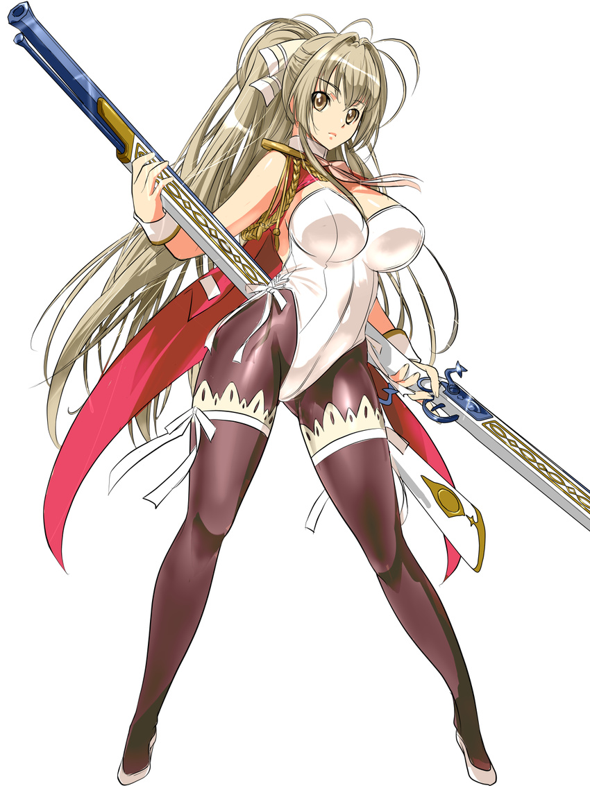 adapted_costume aiguillette amagi_brilliant_park bad_id bad_pixiv_id bow breasts brown_eyes brown_hair cleavage dodai_shouji dual_wielding full_body gun hair_bow highres holding large_breasts leotard long_hair pantyhose playboy_bunny_leotard ponytail ribbon ribbon-trimmed_legwear ribbon_trim rifle sento_isuzu shoes simple_background solo thigh_ribbon thighhighs thighhighs_over_pantyhose weapon white_background wrist_cuffs