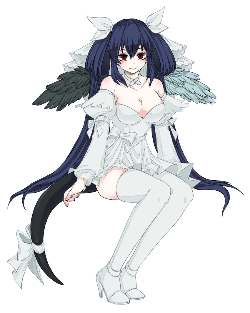 asymmetrical_wings bad_id bad_pixiv_id blue_hair bow breasts choker dishing dizzy guilty_gear hair_bow highres large_breasts long_hair red_eyes ribbon solo tail tail_ribbon thighhighs twintails very_long_hair white_legwear wings