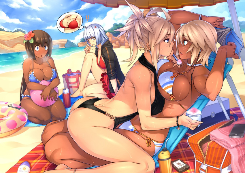 4girls anger_vein anklet arms_up ass ball barefoot beach beachball bikini biting blonde_hair blood blue_eyes blue_hair blush book bracelet breast_envy breast_press breasts brown_hair casual_one-piece_swimsuit cellphone choker cleavage criss-cross_halter curvy dark_skin digital_media_player earbuds earphones earrings erect_nipples eye_contact flower ganguro green_eyes hair_flower hair_ornament halter_top halterneck hibiscus highres holding holding_book hooded_jacket huge_breasts innertube iphone jacket jewelry large_breasts long_hair looking_at_another multiple_girls muscle nosebleed object_hug one-piece_swimsuit one-piece_thong open_mouth original phone ponytail real_xxiii real_xxiii's_ahoge_girl real_xxiii's_brown_haired_girl real_xxiii's_dark_skinned_girl real_xxiii's_flat_chested_girl red_eyes ring seiza shaved_ice short_hair side-tie_bikini sitting smartphone smile steam straddling sweat swimsuit thumb_biting umbrella wedding_band yuri