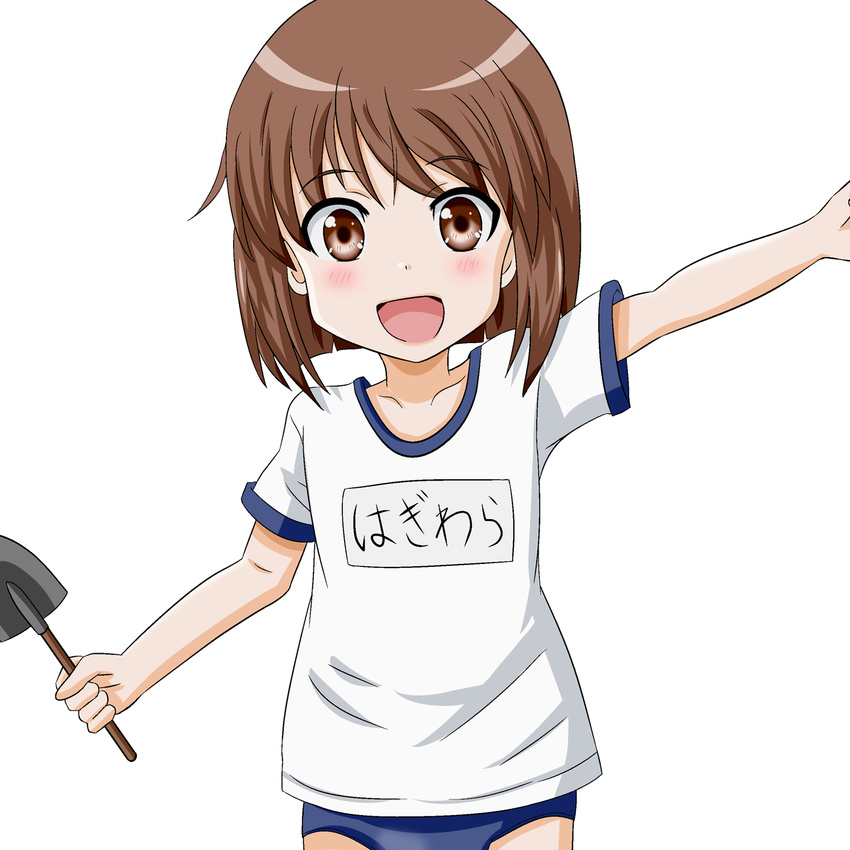 brown_eyes brown_hair buruma gym_uniform hagiwara_yukiho highres idolmaster idolmaster_(classic) short_hair takumi_(rozen_garten) trowel younger