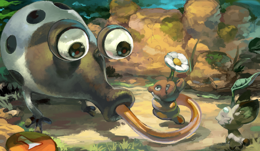 bulborb creature eye_contact flower koki_(ryoushikiha) long_tongue looking_at_another no_humans number outdoors pikmin_(creature) pikmin_(series) pikmin_3 rock stalk_eyes tongue tongue_out whiptongue_bulborb