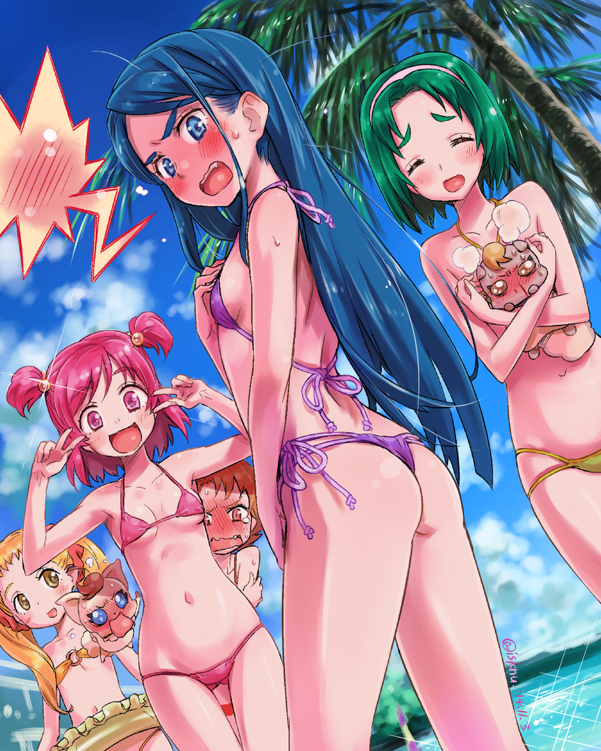 akimoto_komachi ass bikini blonde_hair blue_eyes blue_hair brown_hair coco_(yes!_precure_5) embarrassed highres isedaichi_ken kasugano_urara_(yes!_precure_5) long_hair looking_at_viewer looking_back minazuki_karen multiple_girls natsuki_rin nuts_(yes!_precure_5) pink_hair precure red_eyes short_hair swimsuit yes!_precure_5 yumehara_nozomi