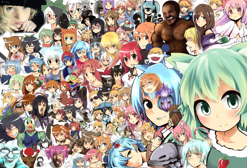 6+girls absolutely_everyone ahegao akemi_homura animal_ears bell bell_collar black_eyes black_hair blue_eyes blue_hair brown_eyes bunny_ears bunnysuit character_request chocolate collar commentary_request condom condom_in_mouth crying everyone evil_grin evil_smile eyepatch fake_animal_ears fang glasses green_eyes green_hair grin hairband hat hatsune_miku highres ikamusume inami_mahiru kaname_madoka konpaku_youmu kousaka_kirino long_hair lyrical_nanoha magical_girl mahou_shoujo_lyrical_nanoha mahou_shoujo_madoka_magica marutoman_chuui mouth_hold multiple_boys multiple_girls one-eyed open_mouth orange_hair ore_no_imouto_ga_konna_ni_kawaii_wake_ga_nai pink_hair purple_eyes red_eyes red_hair reiuji_utsuho ribbon ribbon_trim sakamoto_mio sakura_kyouko shinryaku!_ikamusume short_hair smile strike_witches suzumiya_haruhi suzumiya_haruhi_no_yuuutsu takamachi_nanoha tomoe_mami tongue tongue_out touhou translation_request twintails ultimate_madoka vocaloid working!! world_witches_series yakumo_ran