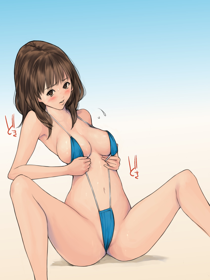 1girl bare_shoulders bikini blush breasts brown_eyes brown_hair cameltoe highres i"s koro_chan_fan_club legs looking_at_viewer medium_breasts navel short_hair simple_background sitting solo spread_legs sweat swimsuit thighs yoshizuki_iori