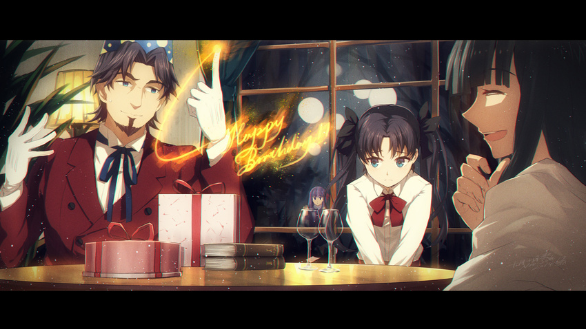 black_hair box child english family fate/zero fate_(series) father_and_daughter glasses gloves green_eyes hair_ribbon happy_birthday heiwari_kanade highres laughing letterboxed long_hair magic matou_sakura mother_and_daughter multiple_girls night parent_and_child ribbon short_hair siblings sisters sky smile star_(sky) starry_sky toosaka_aoi toosaka_rin toosaka_tokiomi twintails white_gloves window