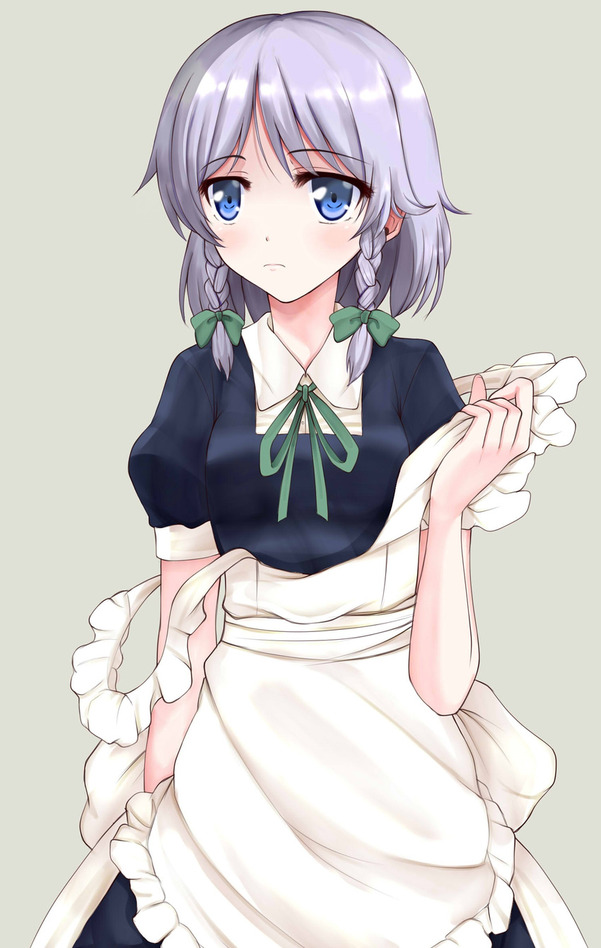 apron bad_id bad_pixiv_id blue_dress blue_eyes braid dress highres izayoi_sakuya no_headwear puffy_short_sleeves puffy_sleeves short_sleeves silver_hair solo touhou twin_braids undressing wendell