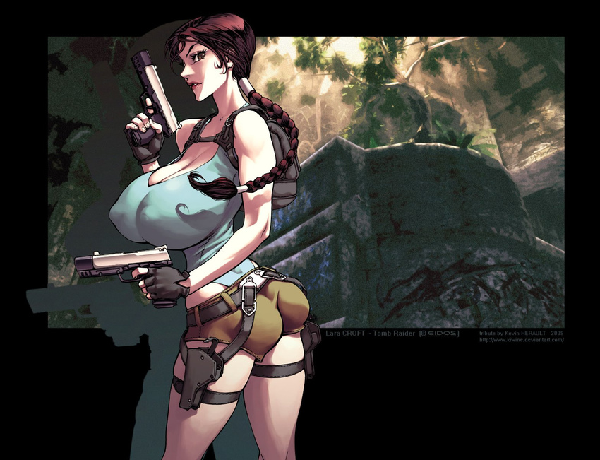 2009 ass backpack bag belt braid breasts brown_eyes brown_hair cleavage concept_art covered_nipples dated dual_wielding gun h&amp;k_usp handgun heckler_&amp;_koch highres holding holster huge_breasts kevin_herault lara_croft leotard parted_lips pistol puffy_nipples shadow shorts silhouette single_braid skindentation solo strap_gap thigh_strap tomb_raider twisted_torso watermark weapon web_address