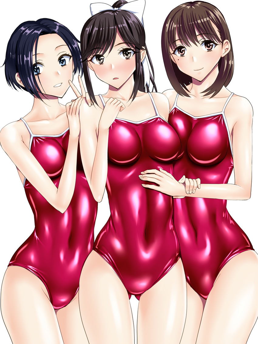 :o alternate_color_school_swimsuit anegasaki_nene ass_visible_through_thighs bangs black_hair blue_eyes blue_hair blush bow breast_press breasts breasts_apart clenched_hand closed_mouth competition_school_swimsuit covered_navel cowboy_shot eyebrows_visible_through_hair grey_eyes grin groin hair_bow hand_on_another's_stomach hand_up hands_on_another's_shoulder high_ponytail highres impossible_clothes impossible_swimsuit kobayakawa_rinko legs_together light_smile long_hair looking_at_viewer love_plus medium_breasts mole mole_under_eye multiple_girls one-piece_swimsuit open_mouth parted_bangs pink_eyes ponytail red_swimsuit school_swimsuit sen_(sansui) shiny shiny_clothes shiny_hair shiny_swimsuit short_hair sidelocks simple_background skin_tight smile standing swimsuit takane_manaka thigh_gap thighs v white_background white_bow wrist_grab