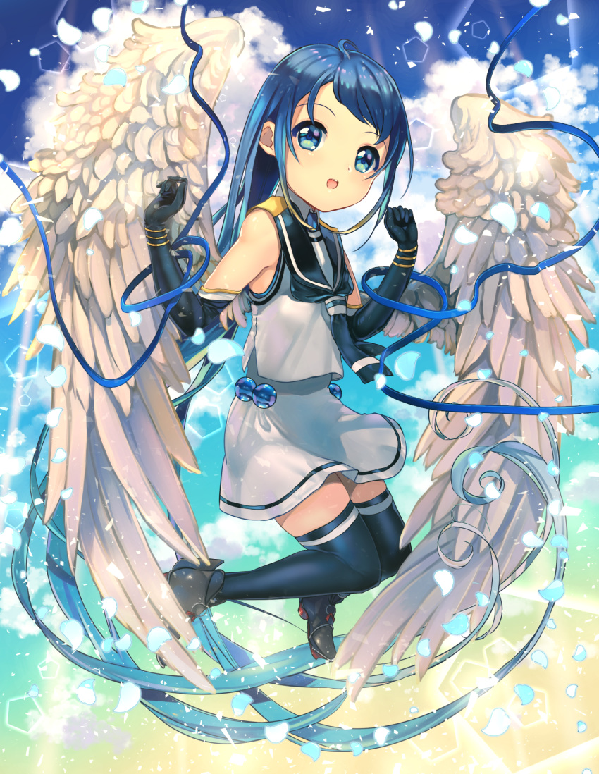 angel_wings black_gloves black_legwear blue_eyes blue_hair blue_ribbon blue_sky cloud elbow_gloves gloves highres kantai_collection long_hair poko_(mammypoko) ribbon samidare_(kantai_collection) sky thighhighs very_long_hair wings zettai_ryouiki