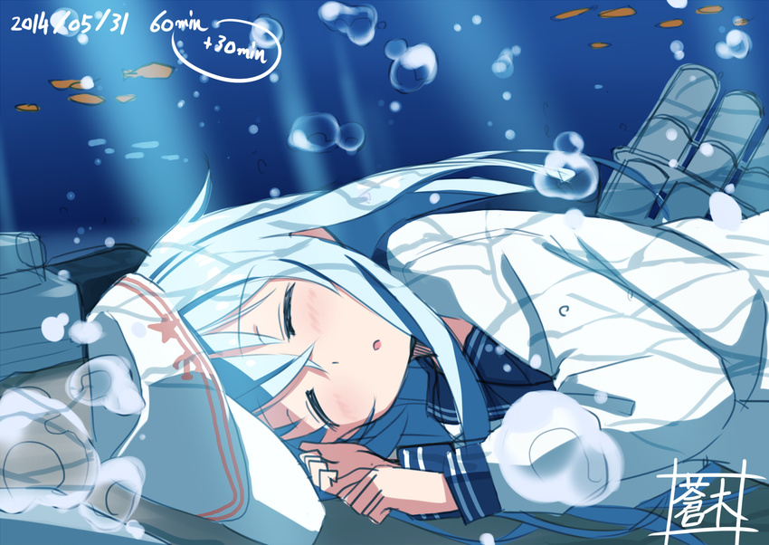 :o aoki_minami_(+box) aqua_hair blush bubble completion_time dated fish flat_cap hat hibiki_(kantai_collection) kantai_collection long_hair lying sailor_collar sleeping solo underwater verniy_(kantai_collection)