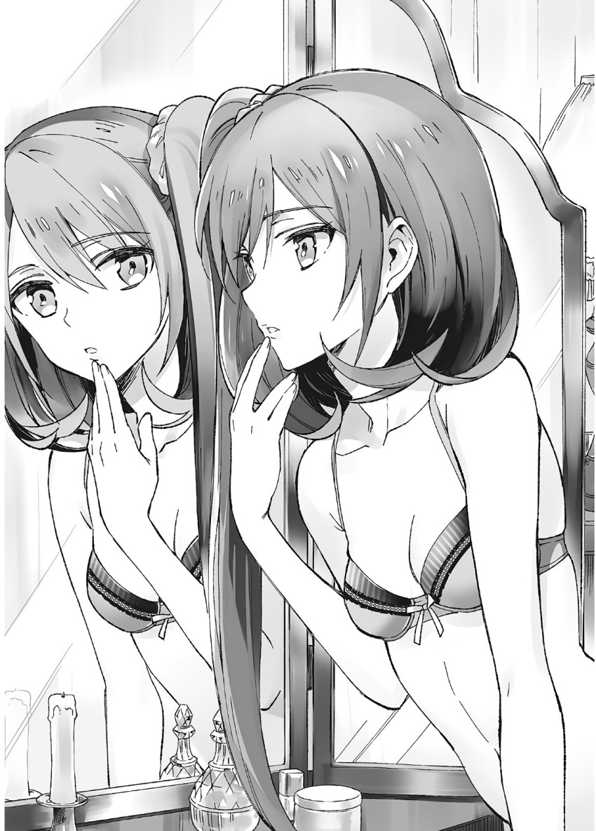 1girl assassins_pride bra breasts candle cleavage collarbone greyscale hair_between_eyes hair_ornament hair_scrunchie highres leaning_forward long_hair looking_at_mirror mirror monochrome ninomoto novel_illustration official_art parted_lips rosetty_pricket scrunchie side_ponytail small_breasts solo underwear underwear_only upper_body very_long_hair