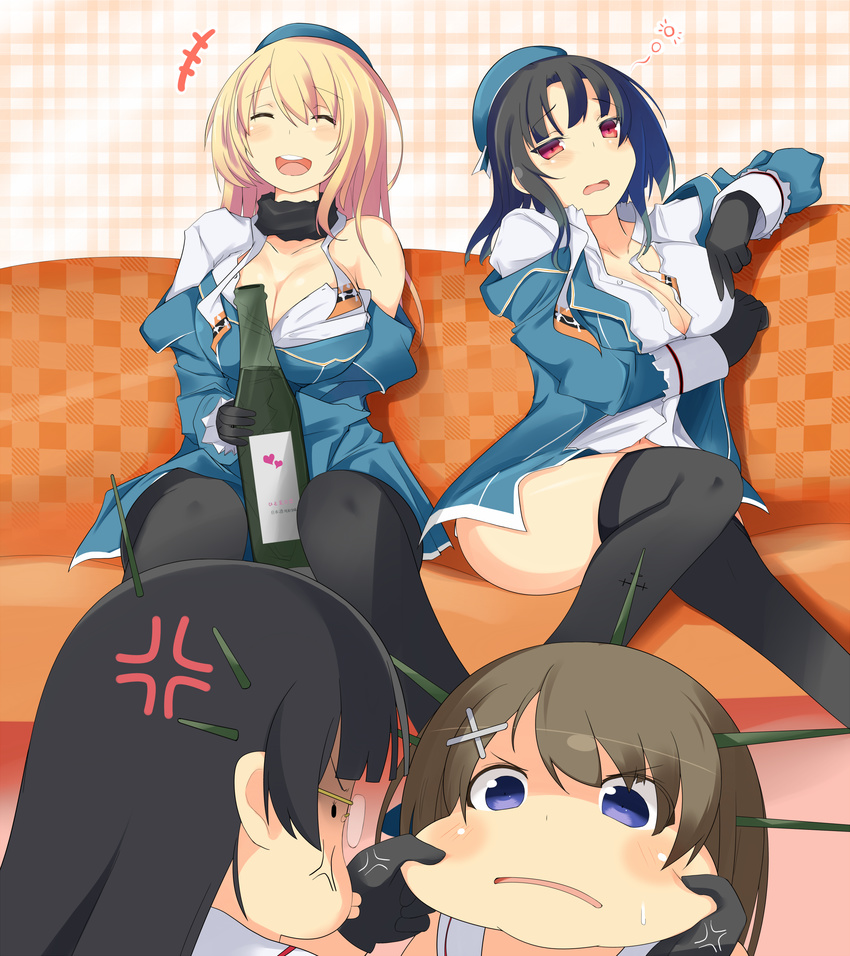 alcohol anger_vein atago_(kantai_collection) black_gloves black_hair blush bottle breasts brown_hair choukai_(kantai_collection) cleavage closed_eyes commentary_request drunk face_stretching fur_collar glasses gloves hat highres kantai_collection large_breasts maya_(kantai_collection) multiple_girls off_shoulder open_mouth pantyhose plaid plaid_background purple_eyes red_eyes takao_(kantai_collection) tenpesuto thighhighs