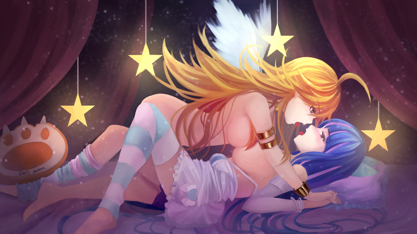 ahoge blonde_hair blue_hair blue_legwear blush breast_press breasts dress_pull highres holding_hands incest large_breasts multiple_girls nude panty_&amp;_stocking_with_garterbelt panty_(psg) siblings sisters stocking_(psg) straddling striped striped_legwear symmetrical_docking thighhighs thighhighs_pull tongue tongue_out white_wings wings youxuemingdie yuri