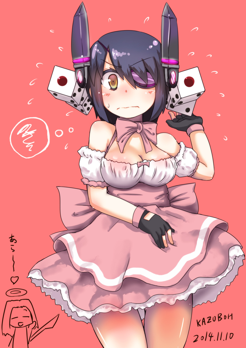 alternate_costume artist_name bare_shoulders black_gloves blush bow bowtie breasts brown_eyes cosplay cowboy_shot dated detached_sleeves di_gi_charat dice dice_hair_ornament dress eyepatch fingerless_gloves flying_sweatdrops frilled_dress frills gloves hair_ornament headgear highres kantai_collection kazuboh large_breasts multiple_girls pink_bow pink_dress purple_hair red_background short_hair simple_background tatsuta_(kantai_collection) tenryuu_(kantai_collection) usada_hikaru usada_hikaru_(cosplay)