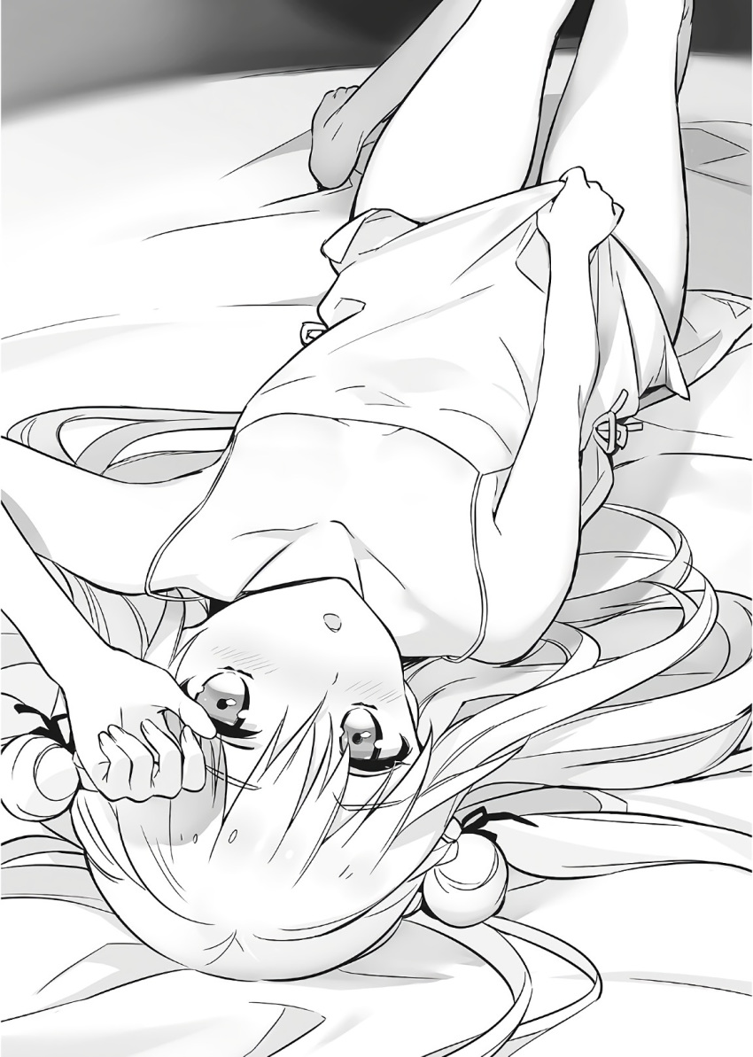 1girl :o assassins_pride barefoot bed_sheet breasts cleavage collarbone double_bun eyebrows_visible_through_hair from_behind greyscale hair_between_eyes hair_ribbon highres long_hair looking_at_viewer lying merida_angel monochrome naked_shirt ninomoto novel_illustration official_art on_back ribbon shirt shirt_tug sleeveless sleeveless_shirt small_breasts solo