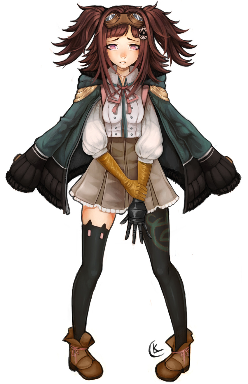 ankle_boots black_legwear boots brown_eyes brown_hair danganronpa drag-on_dragoon drag-on_dragoon_3 four_(drag-on_dragoon) fusion goggles goggles_on_head hair_ornament hairclip highres jacket_on_shoulders long_hair lucky_clover_(luckyxclover) mismatched_legwear nanami_chiaki pigeon-toed prosthesis single_thighhigh skirt solo super_danganronpa_2 thighhighs two_side_up white_background